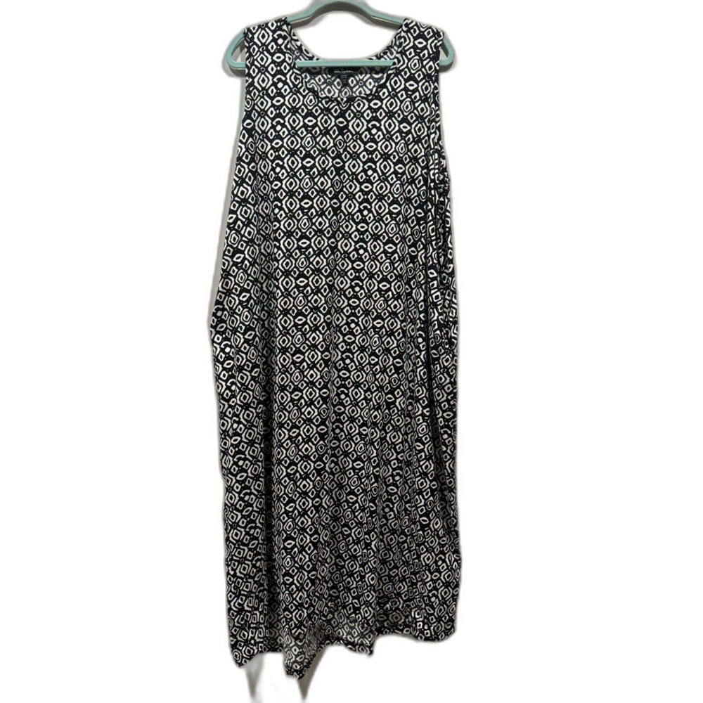 Ulla Popken Maxi Dress Black Geometric Sleeveless Pockets Cotton Women 20 22